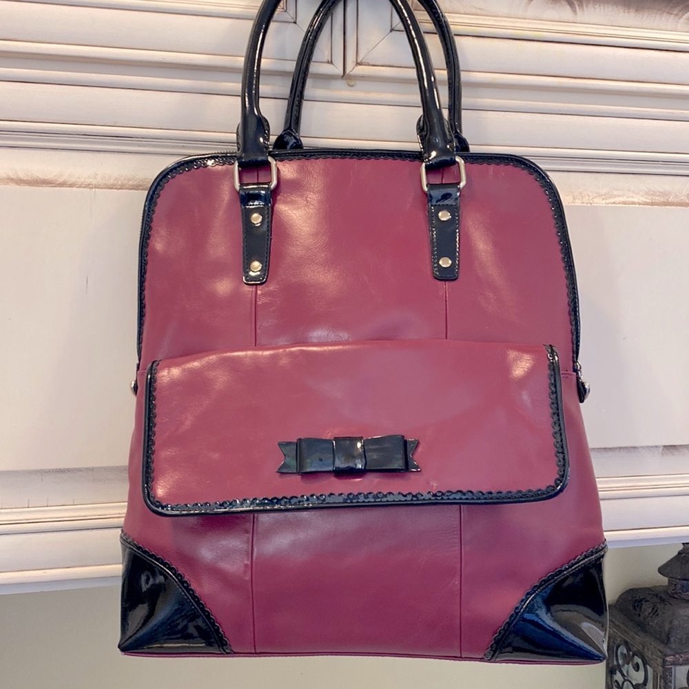 ALannah Hill large plumb leather body & black patent leather accent tote.